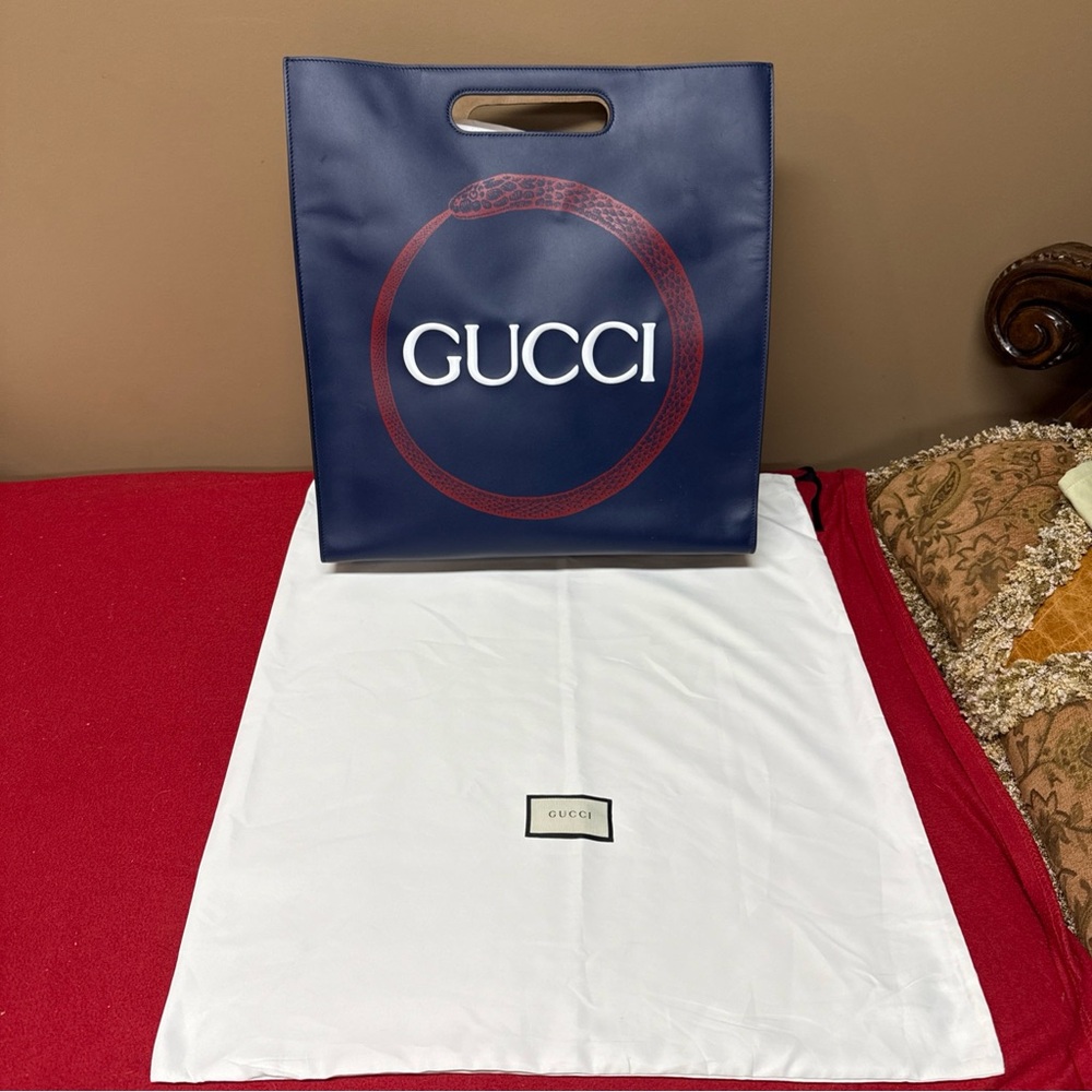 Gucci Embossed Tote Bag Square Navy Blue Cut Out Handles New Authentic Dust Bag